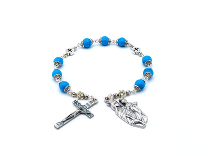 Our Lady of Mount Carmel unique rosary beads prayer chaplet with turquoise gemstone and silver cross beads, silver heart crucifix and end medal.