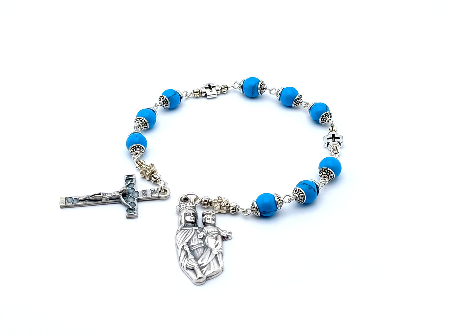 Our Lady of Mount Carmel unique rosary beads prayer chaplet with turquoise gemstone and silver cross beads, silver heart crucifix and end medal.