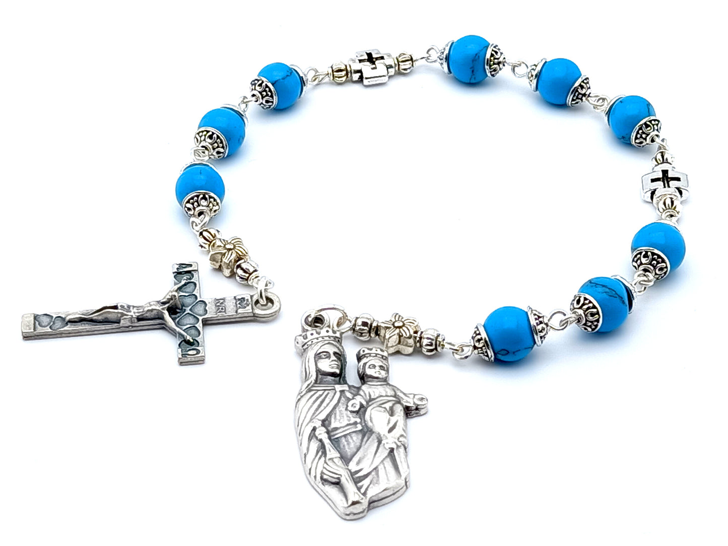 Our Lady of Mount Carmel unique rosary beads prayer chaplet with turquoise gemstone and silver cross beads, silver heart crucifix and end medal.