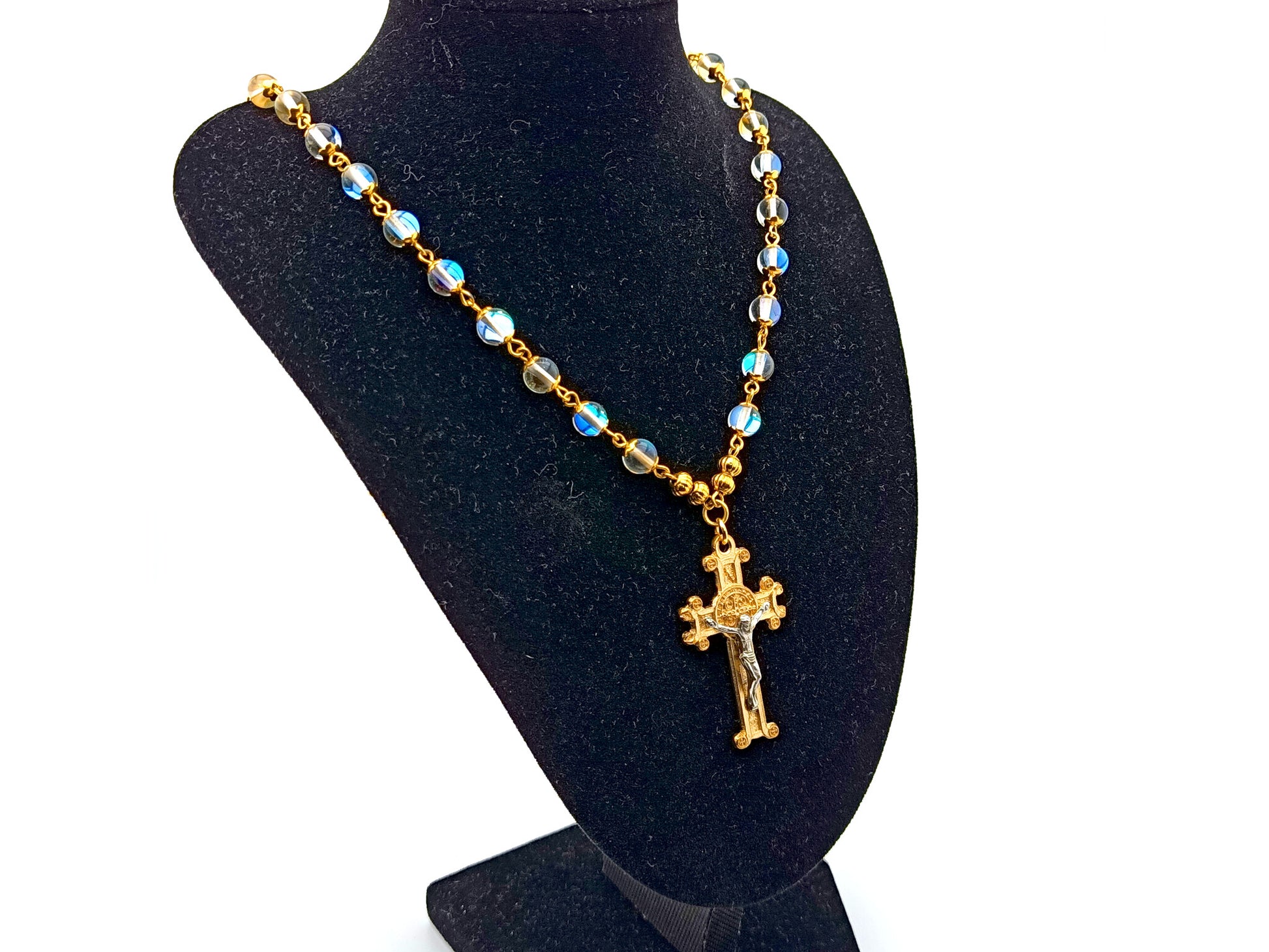 Saint Benedict unique rosary beads necklace and bracelet gift set with clear crystal and gold beads, golden Saint Benedict crucifix and medal.