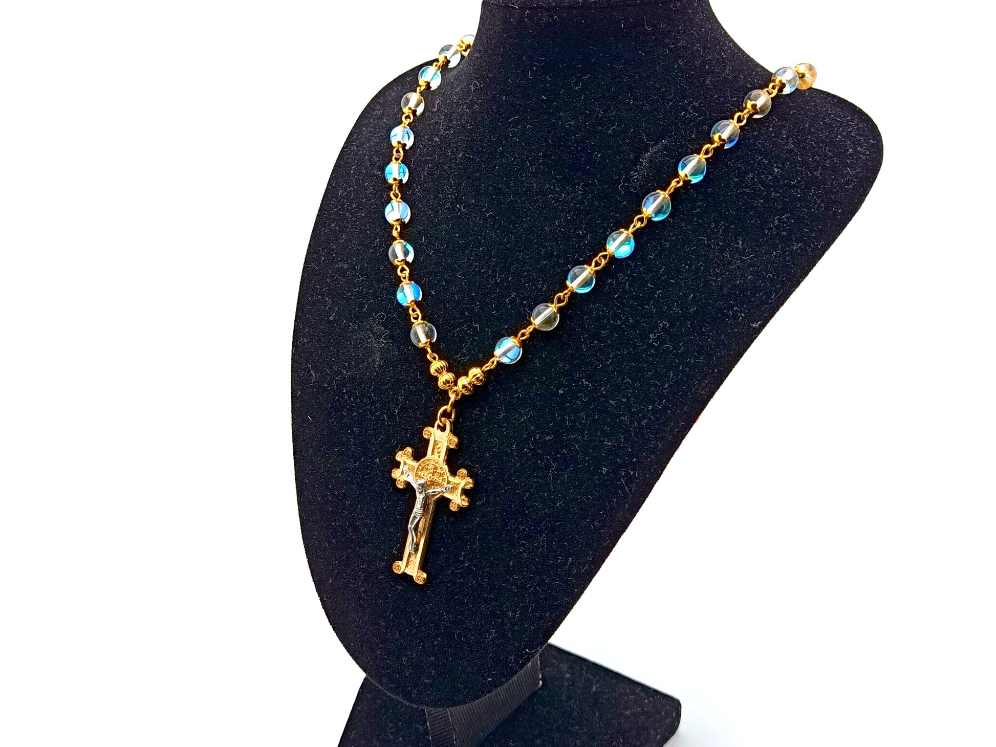Saint Benedict unique rosary beads necklace and bracelet gift set with clear crystal and gold beads, golden Saint Benedict crucifix and medal.
