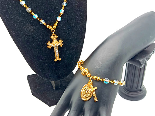 Saint Benedict unique rosary beads necklace and bracelet gift set with clear crystal and gold beads, golden Saint Benedict crucifix and medal.