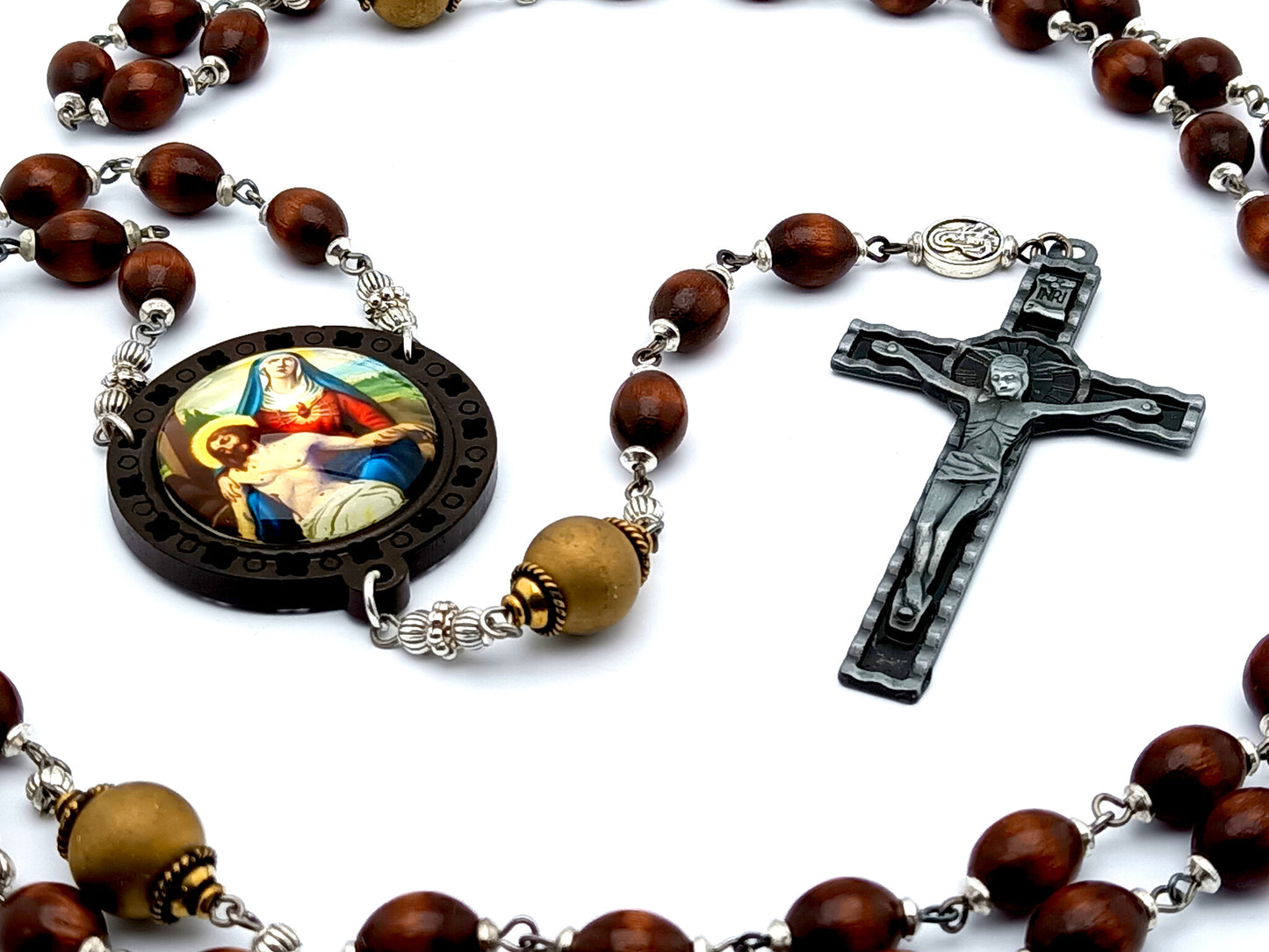 Our Lady of Sorrows unique rosary beads dolor rosary with wooden and gold glass beads, pewter crucifix and picture centre medal.