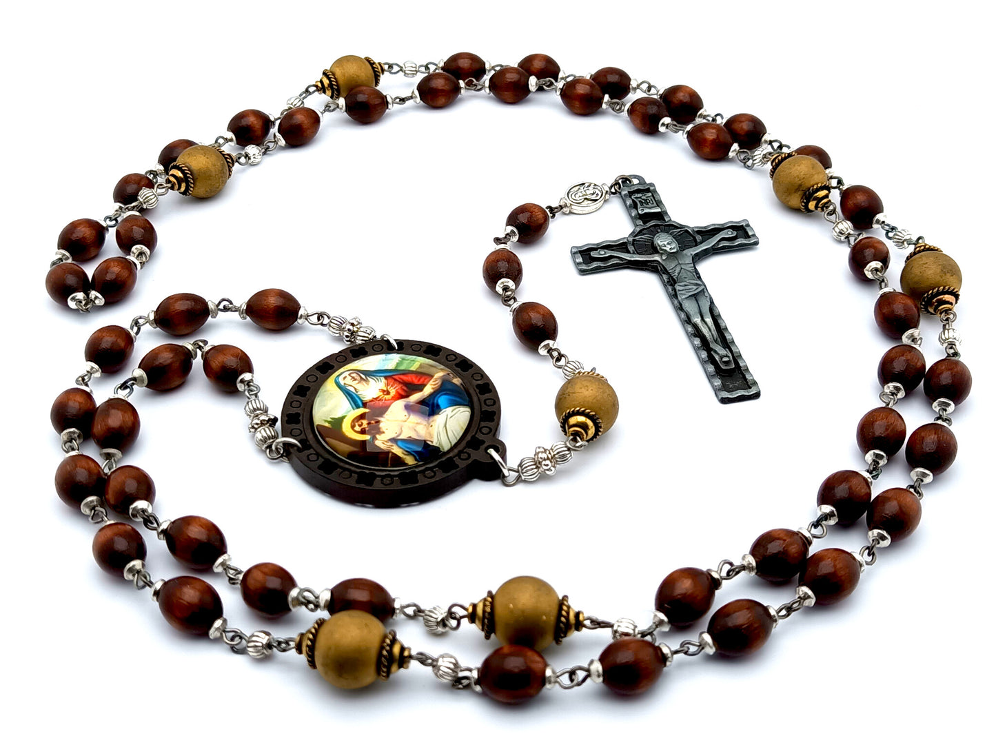 Our Lady of Sorrows unique rosary beads dolor rosary with wooden and gold glass beads, pewter crucifix and picture centre medal.