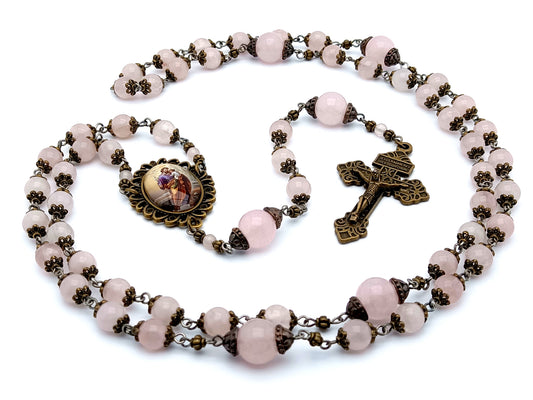 Holy Family unique rosary beads with rose quartz gemstone beads, bronze pardon crucifix, bead caps and picture centre medal. 