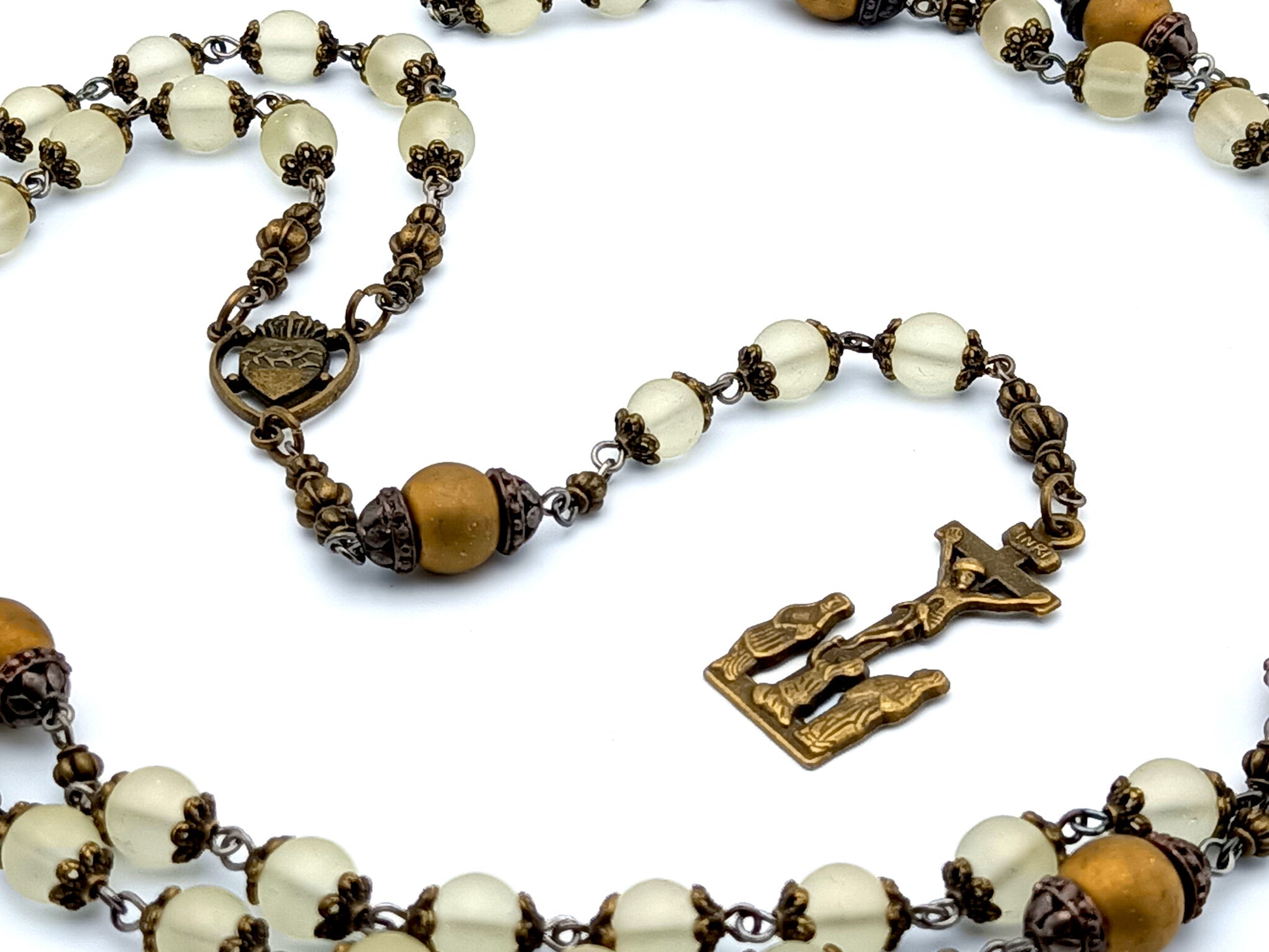 Our Lady of Sorrows unique rosary beads dolor rosary with bronze and opal glass beads with two Marys crucifix and Sacred Heart centre medal.