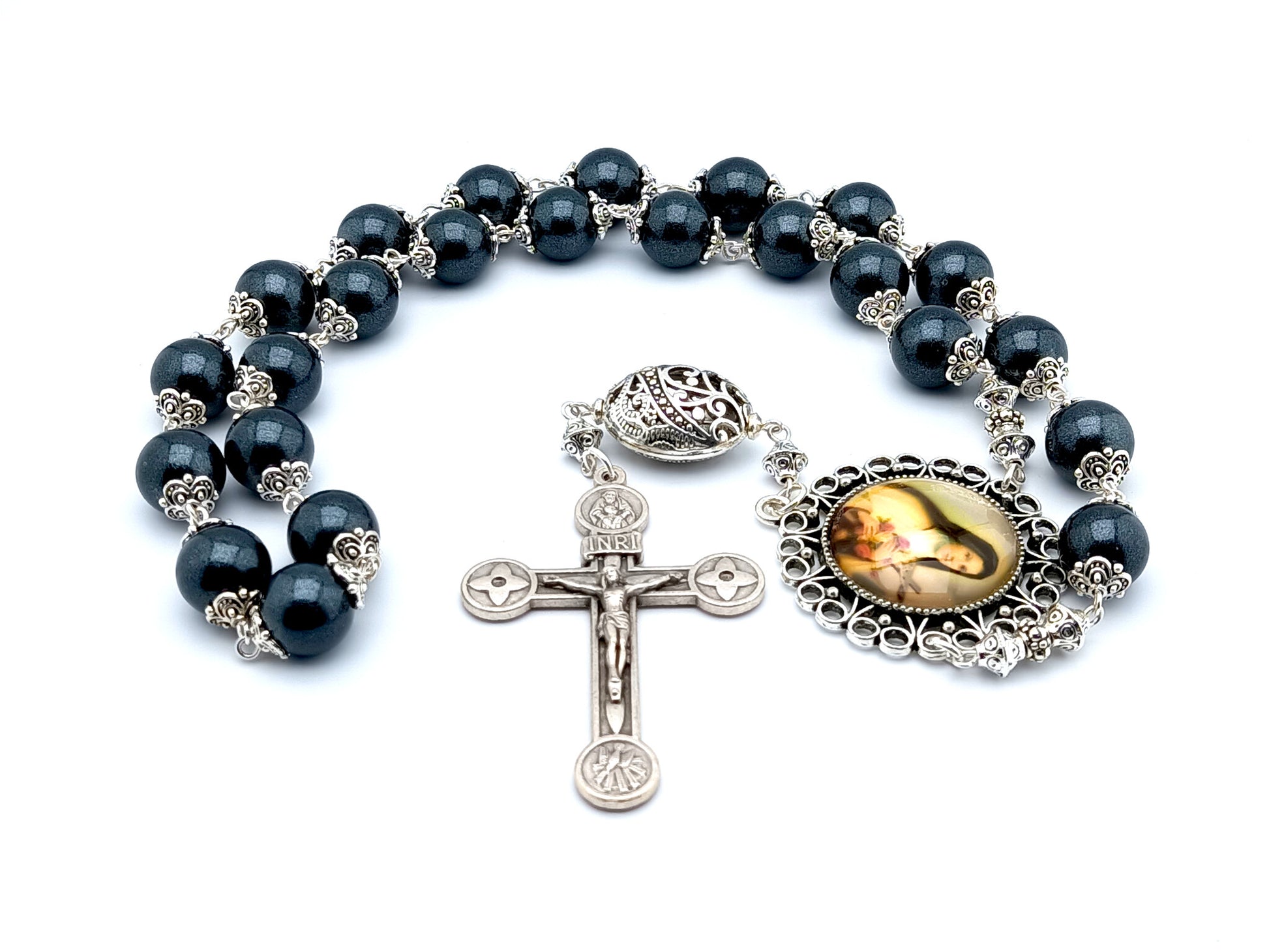 Saint Therese of Lisieux unique rosary beads prayer chaplet with gunmetal glass and silver beads, silver crucifix  and picture centre medal.