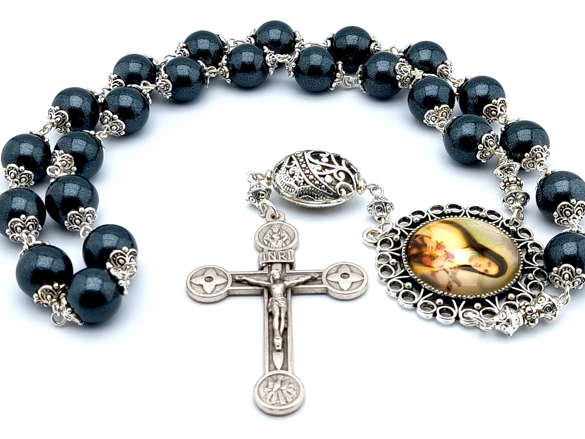 Saint Therese of Lisieux unique rosary beads prayer chaplet with gunmetal glass and silver beads, silver crucifix  and picture centre medal.