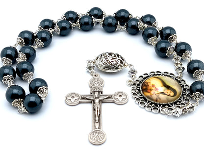 Saint Therese of Lisieux unique rosary beads prayer chaplet with gunmetal glass and silver beads, silver crucifix  and picture centre medal.