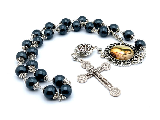 Saint Therese of Lisieux unique rosary beads prayer chaplet with gunmetal glass and silver beads, silver crucifix  and picture centre medal.