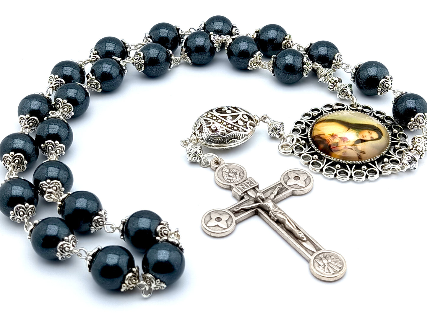 Saint Therese of Lisieux unique rosary beads prayer chaplet with gunmetal glass and silver beads, silver crucifix  and picture centre medal.