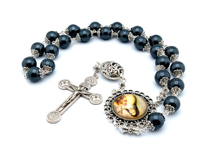 Saint Therese of Lisieux unique rosary beads prayer chaplet with gunmetal glass and silver beads, silver crucifix  and picture centre medal.