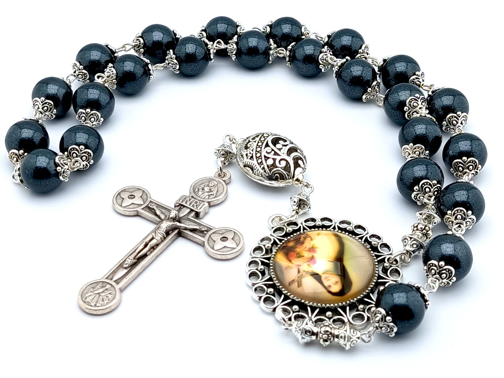 Saint Therese of Lisieux unique rosary beads prayer chaplet with gunmetal glass and silver beads, silver crucifix  and picture centre medal.