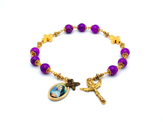 Saint Rita unique rosary beads prayer chaplet with marbled purple glass and golden cross beads, golden crucifix and picture centre medal.