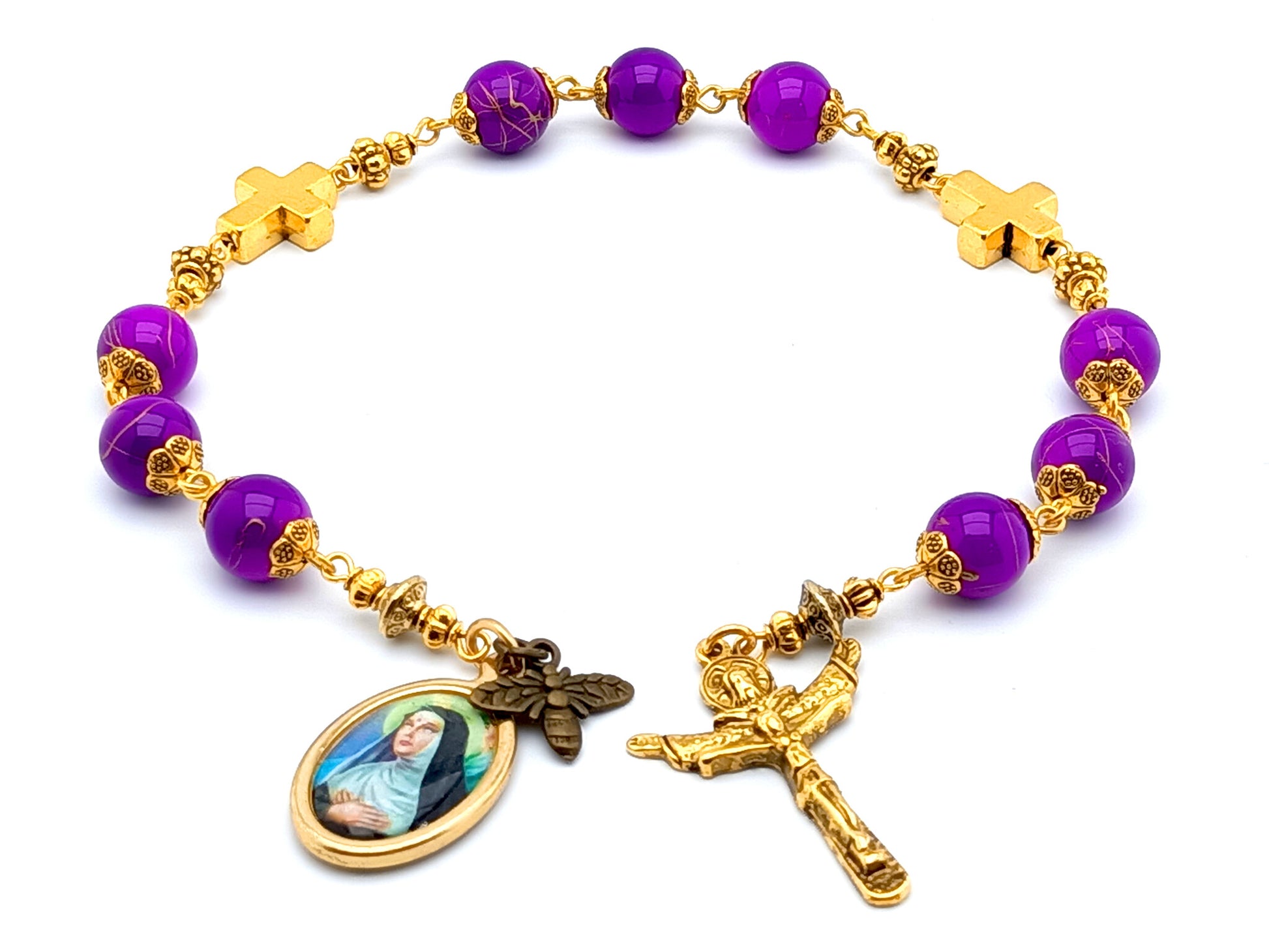 Saint Rita unique rosary beads prayer chaplet with marbled purple glass and golden cross beads, golden crucifix and picture centre medal.