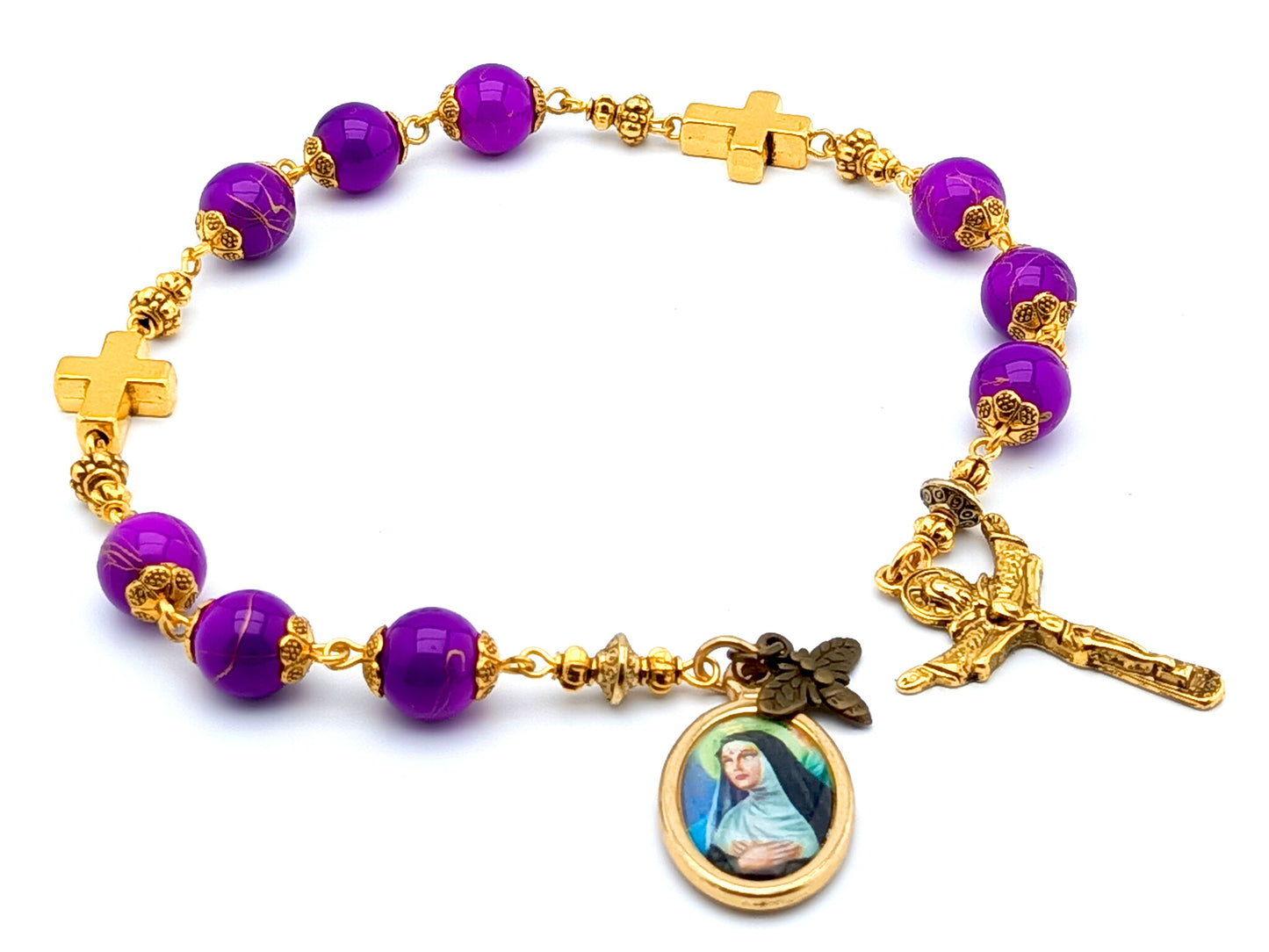 Saint Rita unique rosary beads prayer chaplet with marbled purple glass and golden cross beads, golden crucifix and picture centre medal.