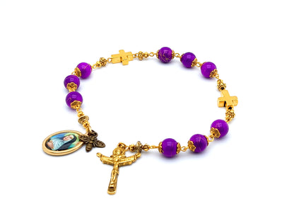 Saint Rita unique rosary beads prayer chaplet with marbled purple glass and golden cross beads, golden crucifix and picture centre medal.