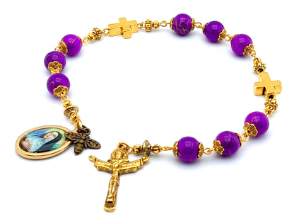 Saint Rita unique rosary beads prayer chaplet with marbled purple glass and golden cross beads, golden crucifix and picture centre medal.