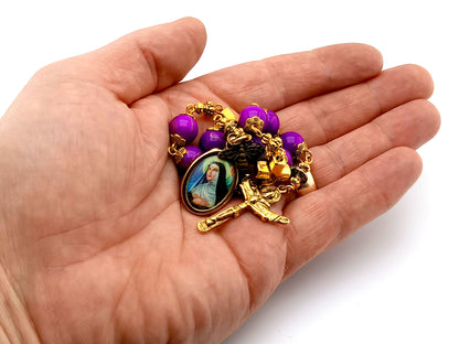 Saint Rita unique rosary beads prayer chaplet with marbled purple glass and golden cross beads, golden crucifix and picture centre medal.