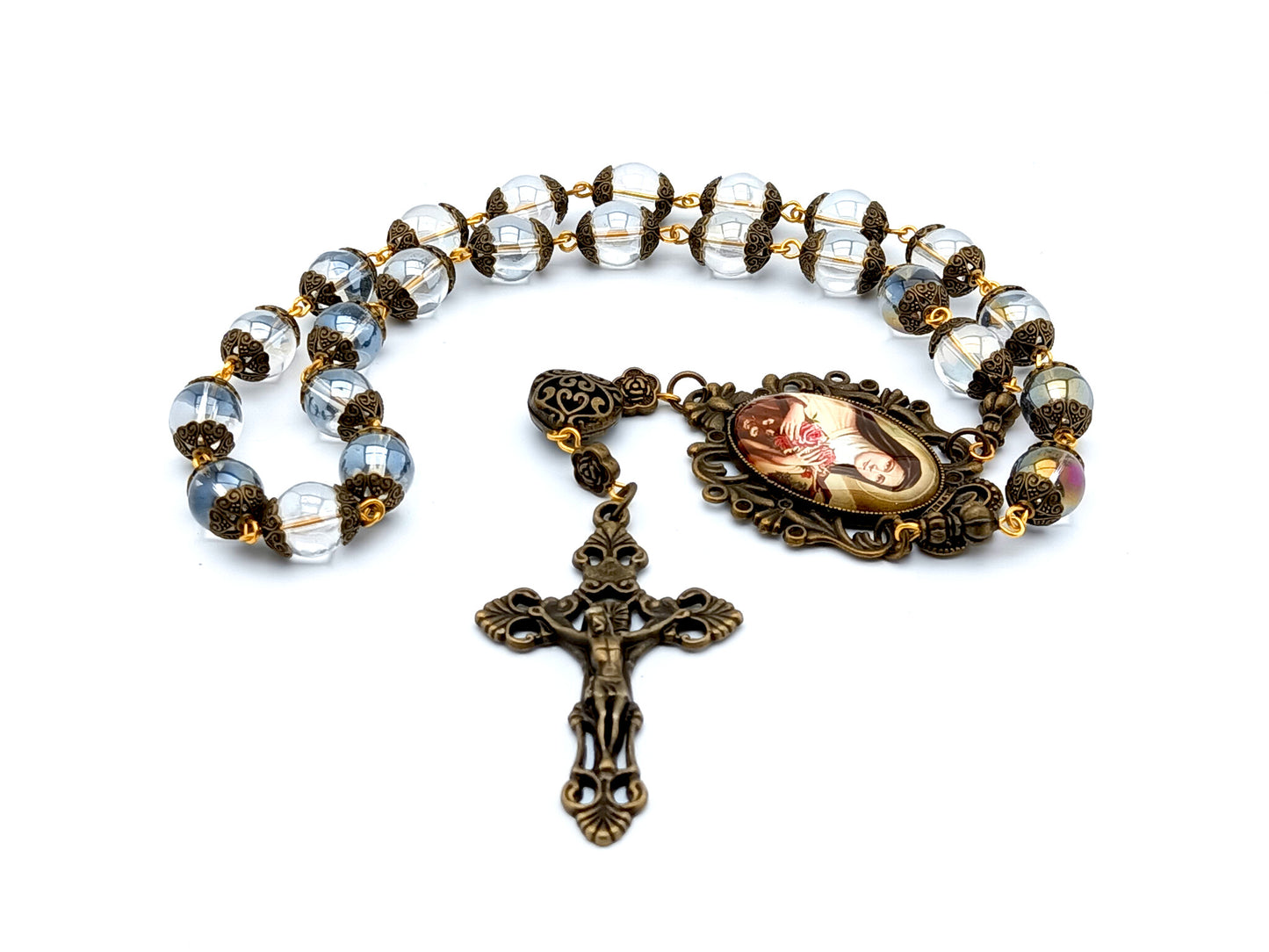 Saint Therese of Lisieux unique rosary beads prayer chaplet with clear glass and bronze beads, bronze crucifix and picture centre medal.