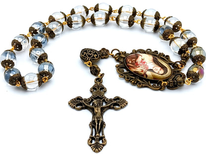 Saint Therese of Lisieux unique rosary beads prayer chaplet with clear glass and bronze beads, bronze crucifix and picture centre medal.