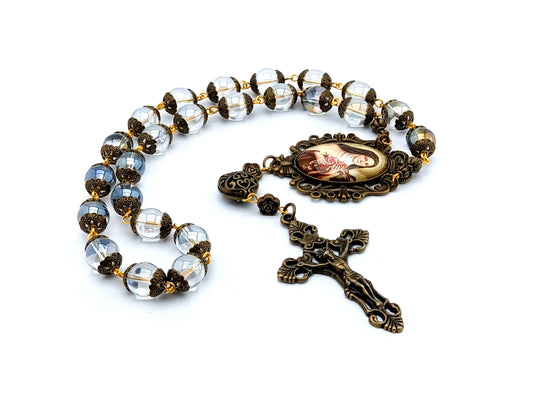Saint Therese of Lisieux unique rosary beads prayer chaplet with clear glass and bronze beads, bronze crucifix and picture centre medal.