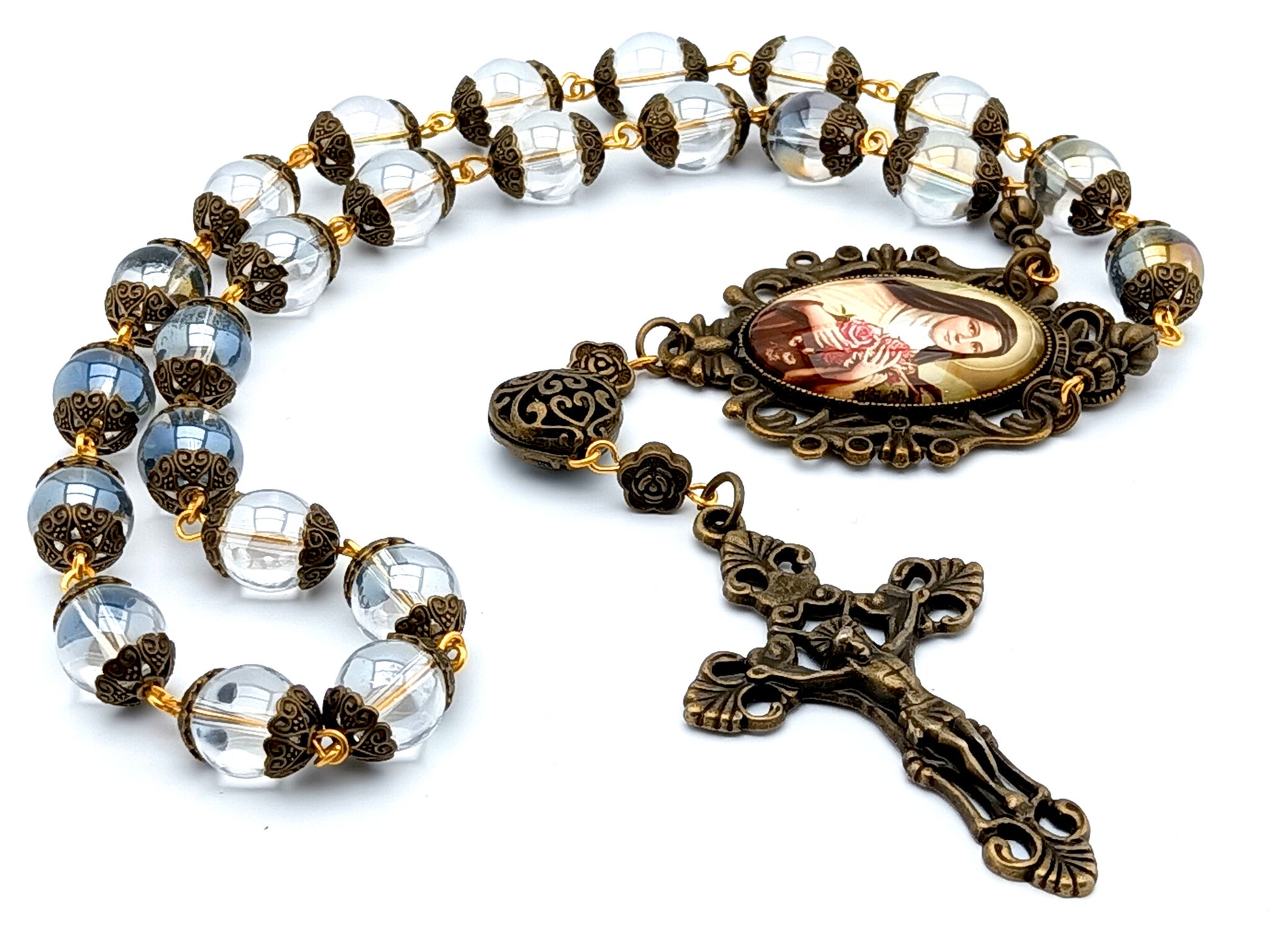 Saint Therese of Lisieux unique rosary beads prayer chaplet with clear glass and bronze beads, bronze crucifix and picture centre medal.