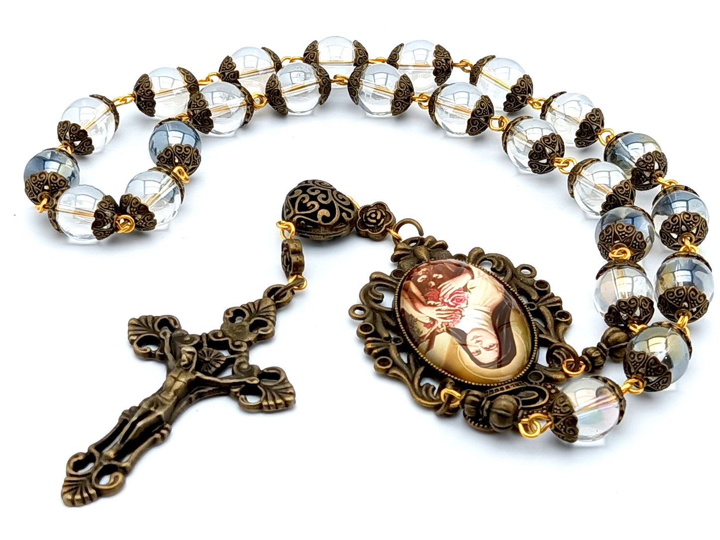 Saint Therese of Lisieux unique rosary beads prayer chaplet with clear glass and bronze beads, bronze crucifix and picture centre medal.