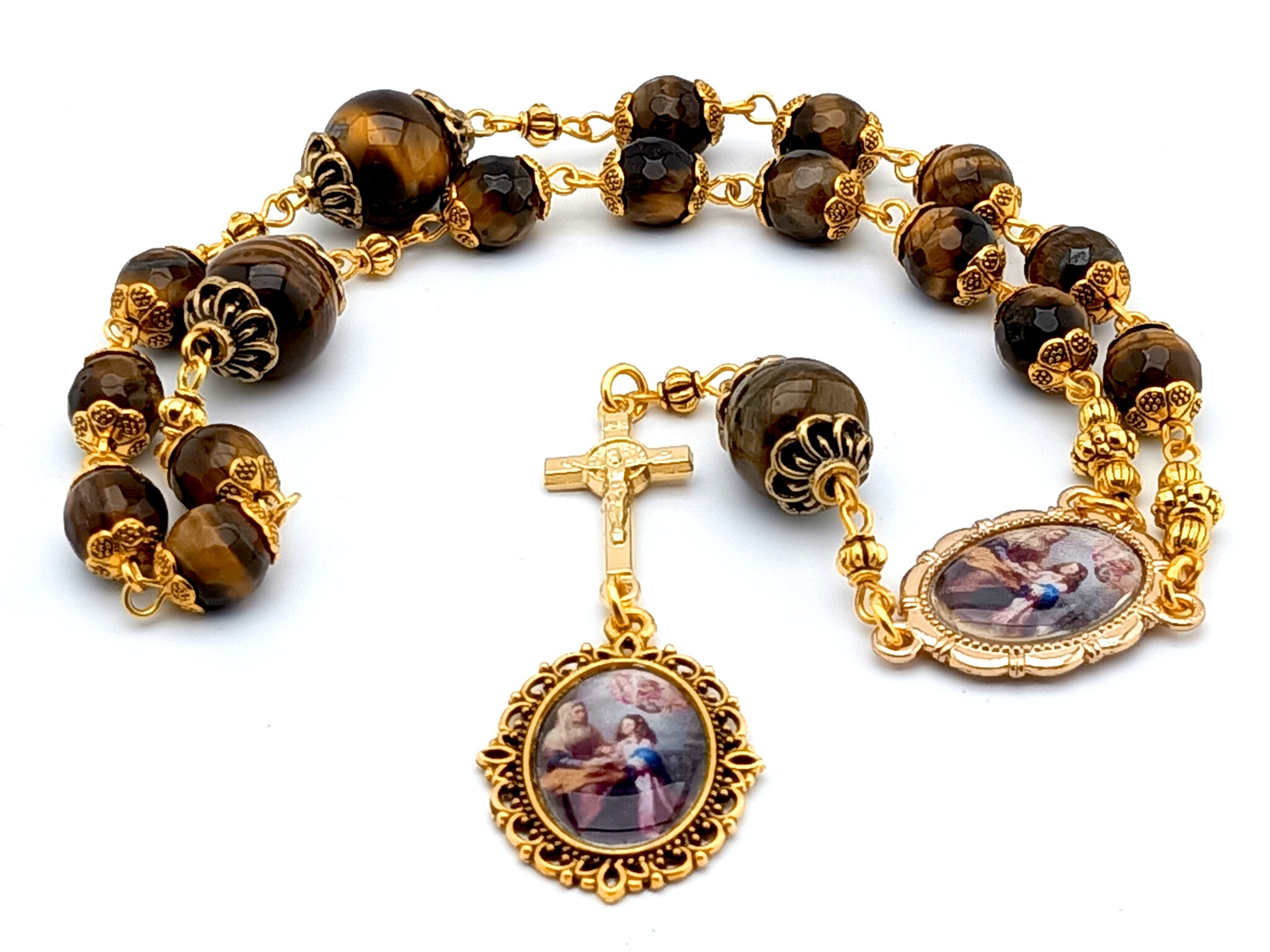 Saint Ann unique rosary beads prayer chaplet with tigers eye gemstone beads, golden crucifix and picture centre and end medals.