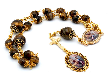 Saint Ann unique rosary beads prayer chaplet with tigers eye gemstone beads, golden crucifix and picture centre and end medals.