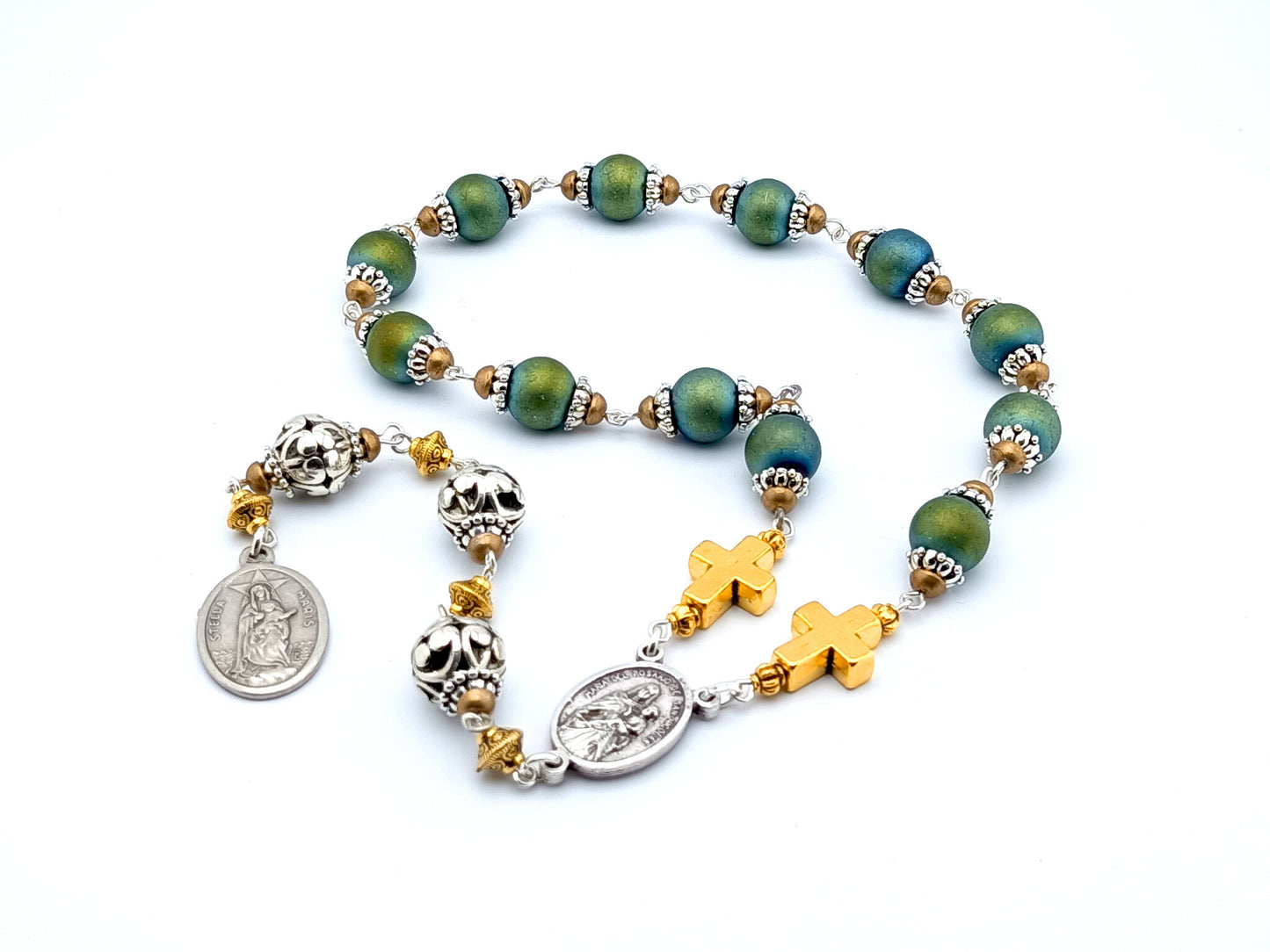 Our Lady Star of the Sea unique rosary beads prayer chaplet with blue green glass and golden cross beads, silver Our Lady of the Rosary medal and silver lattice bali beads.
