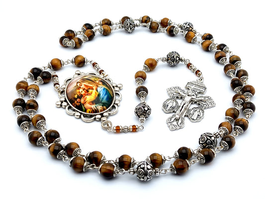 Virgin Mary and Child unique rosary beads with tigers eye gemstone and silver beads, silver pardon double pardon crucifix and picture centre medal.