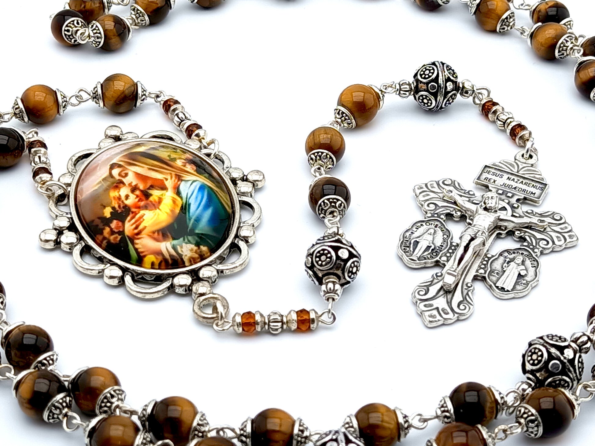 Virgin Mary and Child unique rosary beads with tigers eye gemstone and silver beads, silver pardon double pardon crucifix and picture centre medal.