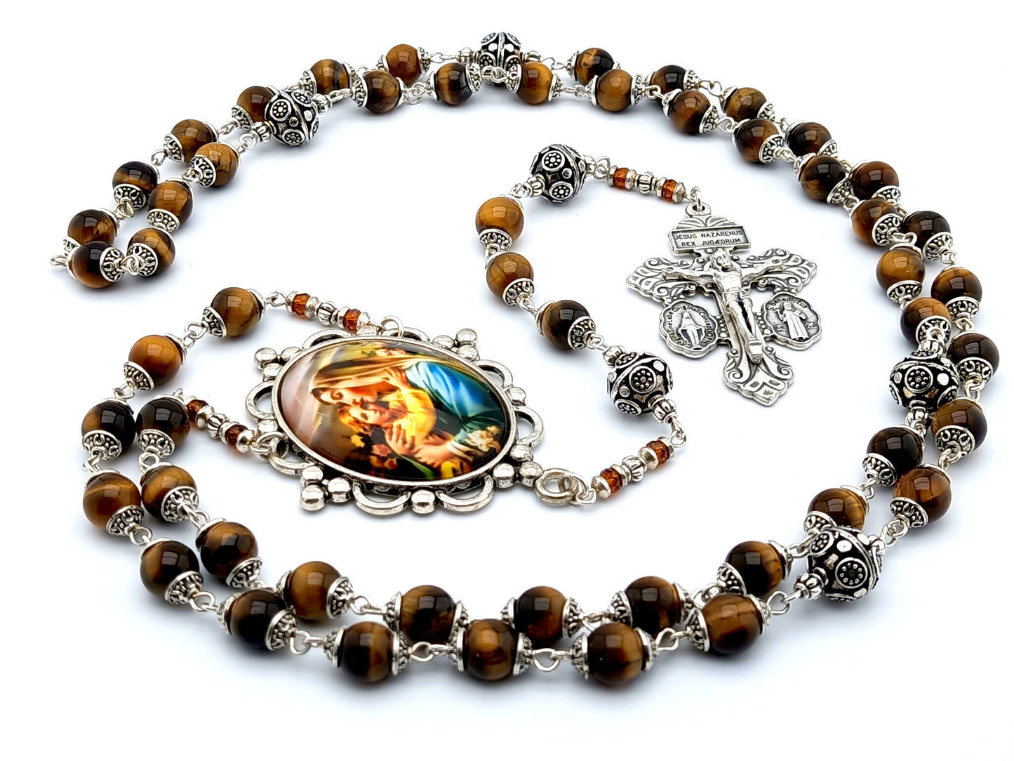Virgin Mary and Child unique rosary beads with tigers eye gemstone and silver beads, silver pardon double pardon crucifix and picture centre medal.