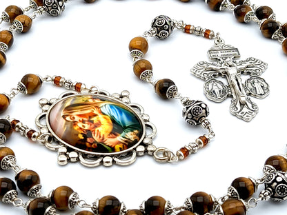 Virgin Mary and Child unique rosary beads with tigers eye gemstone and silver beads, silver pardon double pardon crucifix and picture centre medal.
