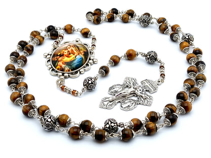 Virgin Mary and Child unique rosary beads with tigers eye gemstone and silver beads, silver pardon double pardon crucifix and picture centre medal.