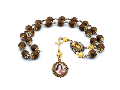 Saint Therese of Lisieux unique rosary beads prayer chaplet  with bronze glass and golden flower beads, golden crucifix and silver and gold picture centre and end medals.