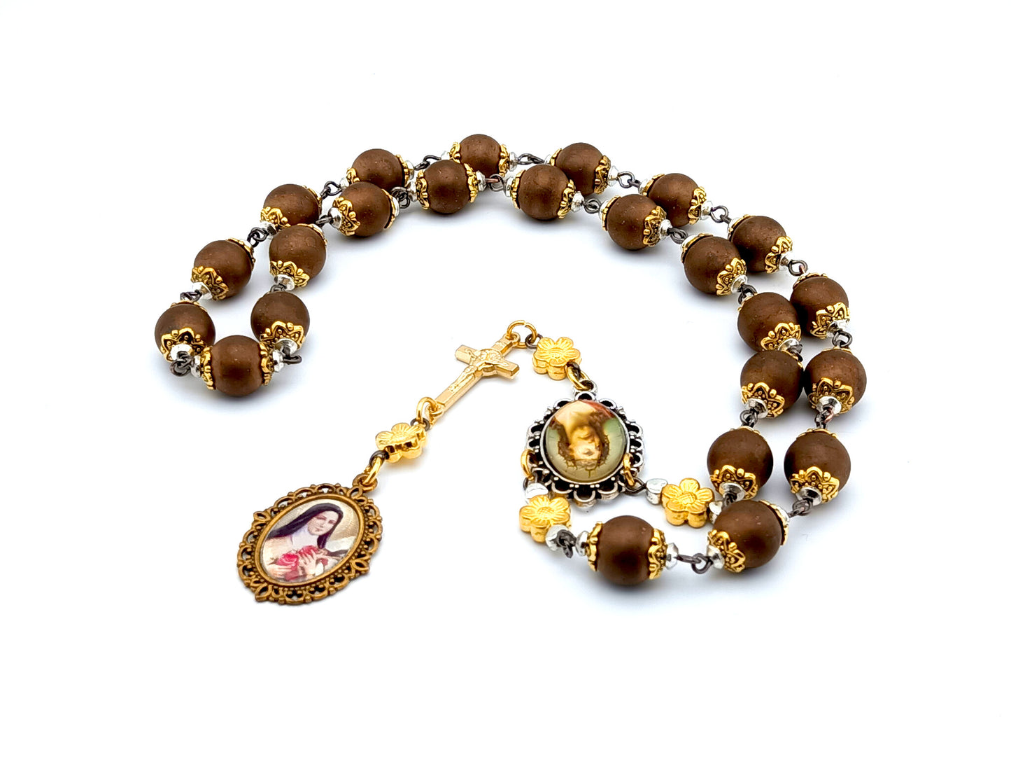 Saint Therese of Lisieux unique rosary beads prayer chaplet  with bronze glass and golden flower beads, golden crucifix and silver and gold picture centre and end medals.