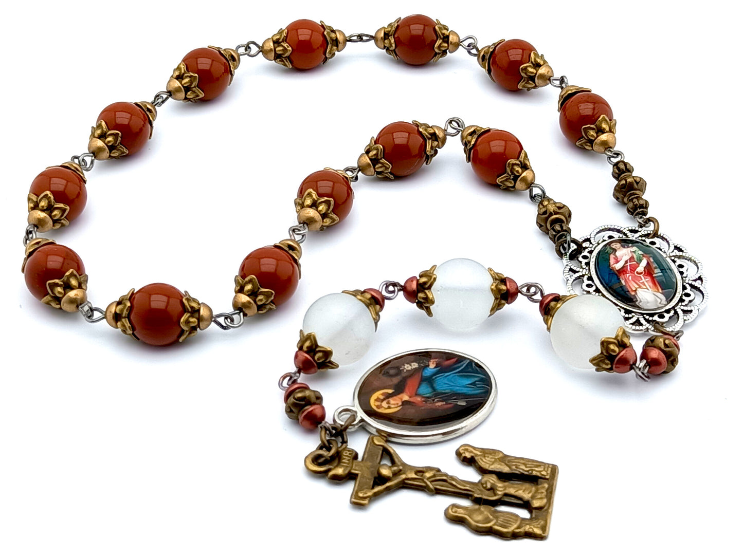 Saint Philomena unique rosary beads prayer chaplet with red jasper and white glass beads, bronze two Marys crucifix and silver picture centre medal.