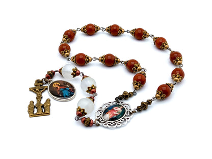 Saint Philomena unique rosary beads prayer chaplet with red jasper and white glass beads, bronze two Marys crucifix and silver picture centre medal.