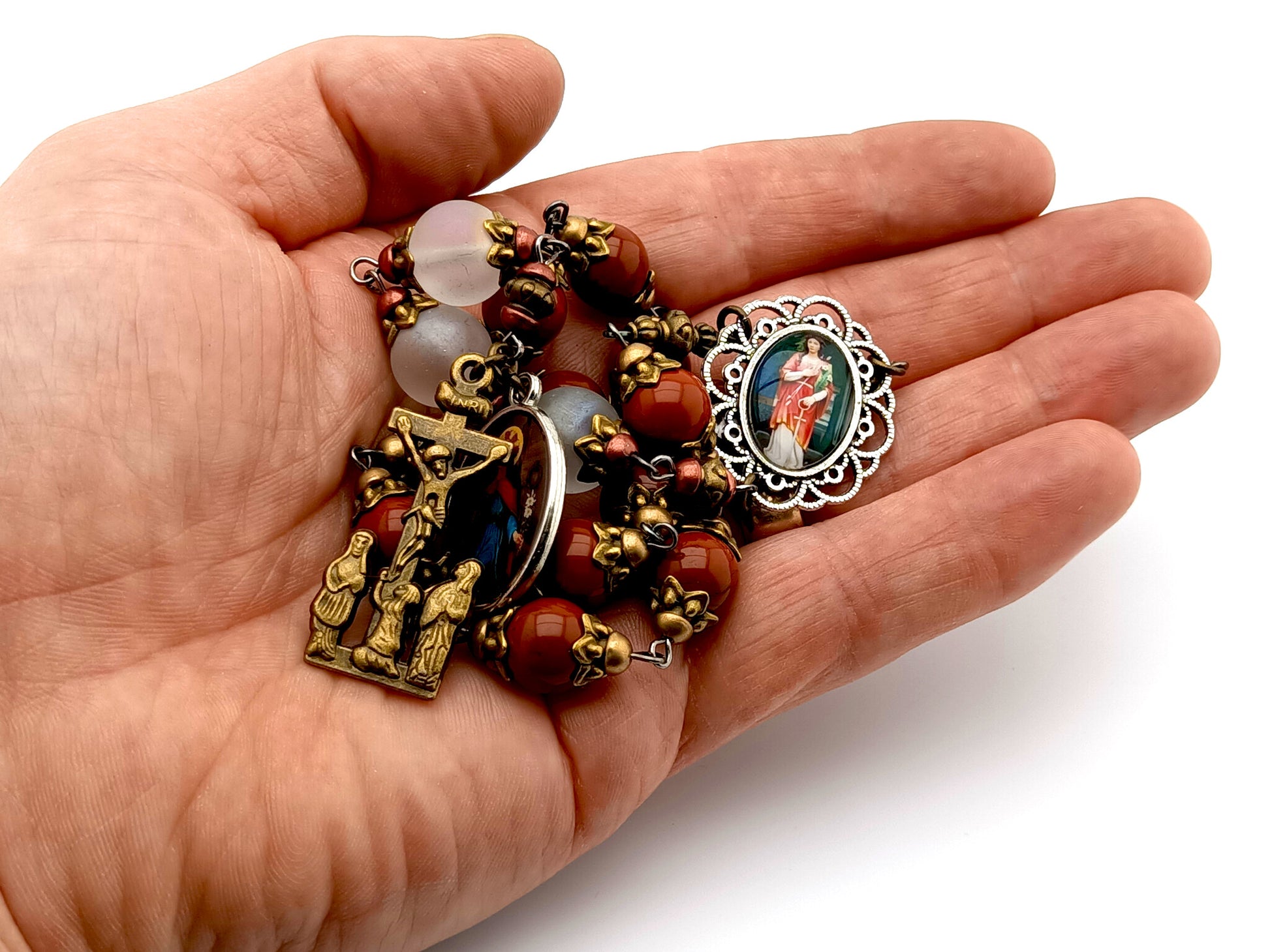 Saint Philomena unique rosary beads prayer chaplet with red jasper and white glass beads, bronze two Marys crucifix and silver picture centre medal.