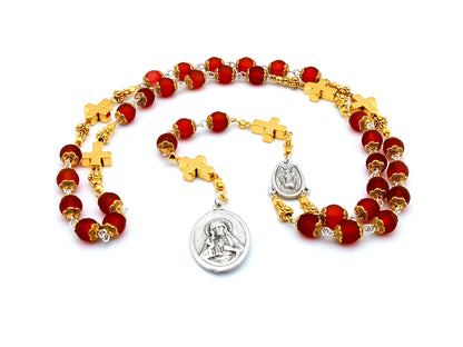 Sacred Heart of Jesus unique rosary beads prayer chaplet with red glass and golden cross beads, silver centre and end medals.