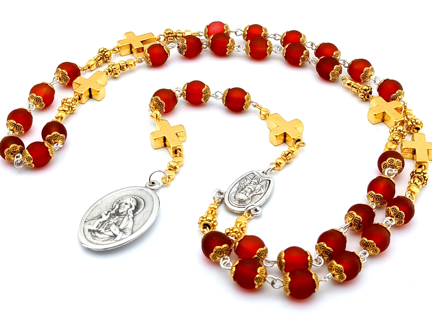 Sacred Heart of Jesus unique rosary beads prayer chaplet with red glass and golden cross beads, silver centre and end medals.