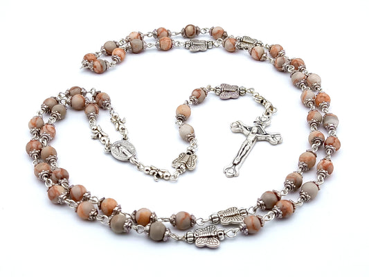 Miraculous Medal unique rosary beads with bloodstone and silver butterfly beads, silver crucifix and Miraculous medal centre.