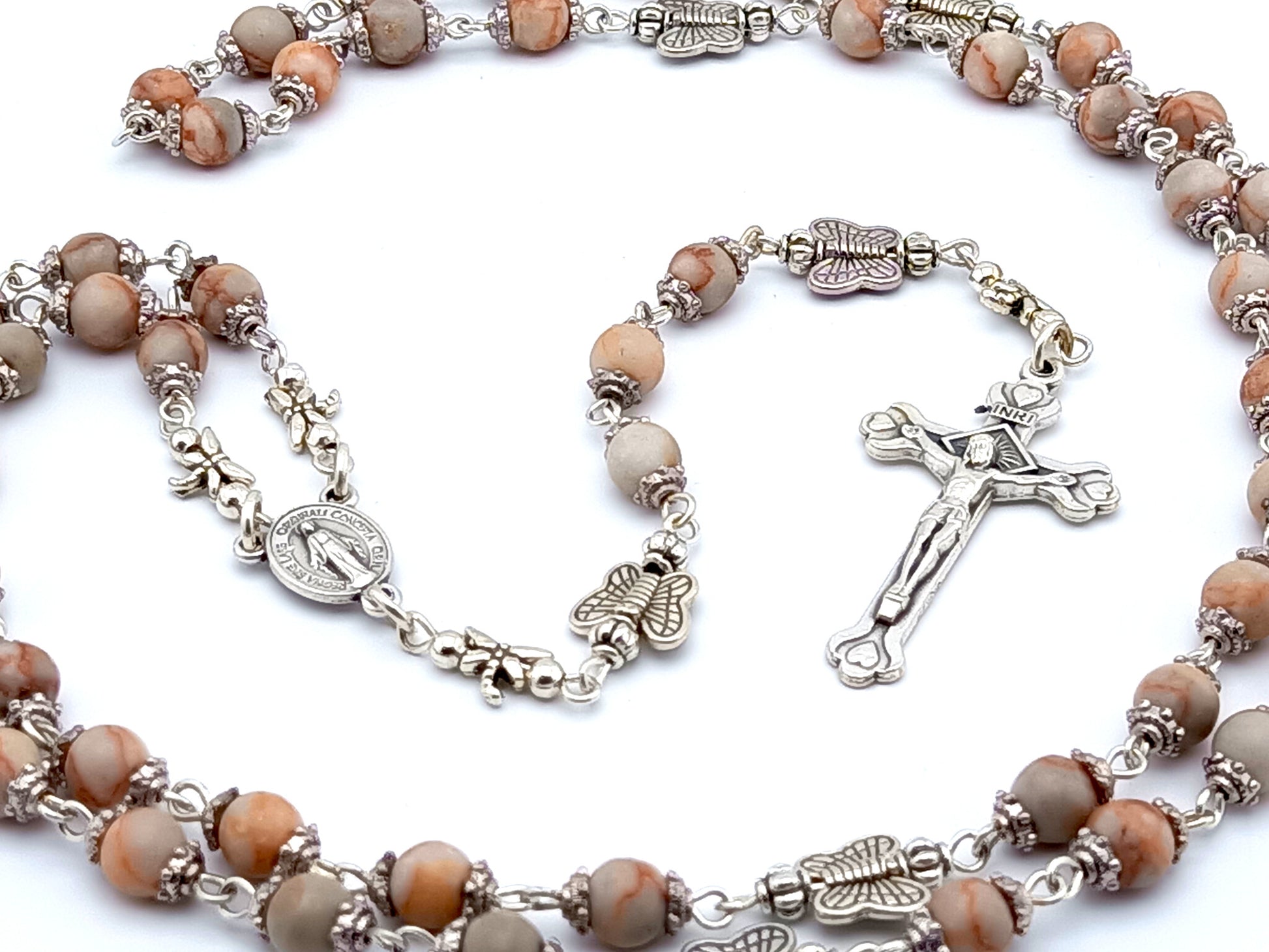 Miraculous Medal unique rosary beads with bloodstone and silver butterfly beads, silver crucifix and Miraculous medal centre.