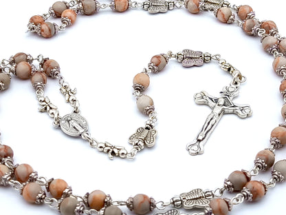 Miraculous Medal unique rosary beads with bloodstone and silver butterfly beads, silver crucifix and Miraculous medal centre.