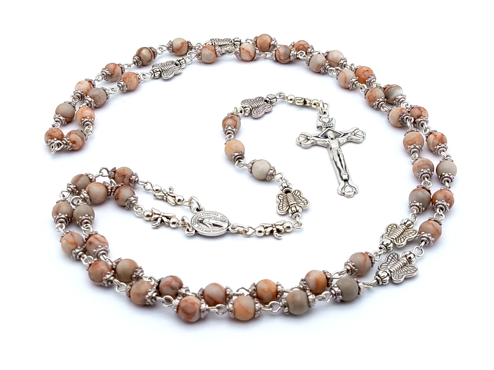 Miraculous Medal unique rosary beads with bloodstone and silver butterfly beads, silver crucifix and Miraculous medal centre.