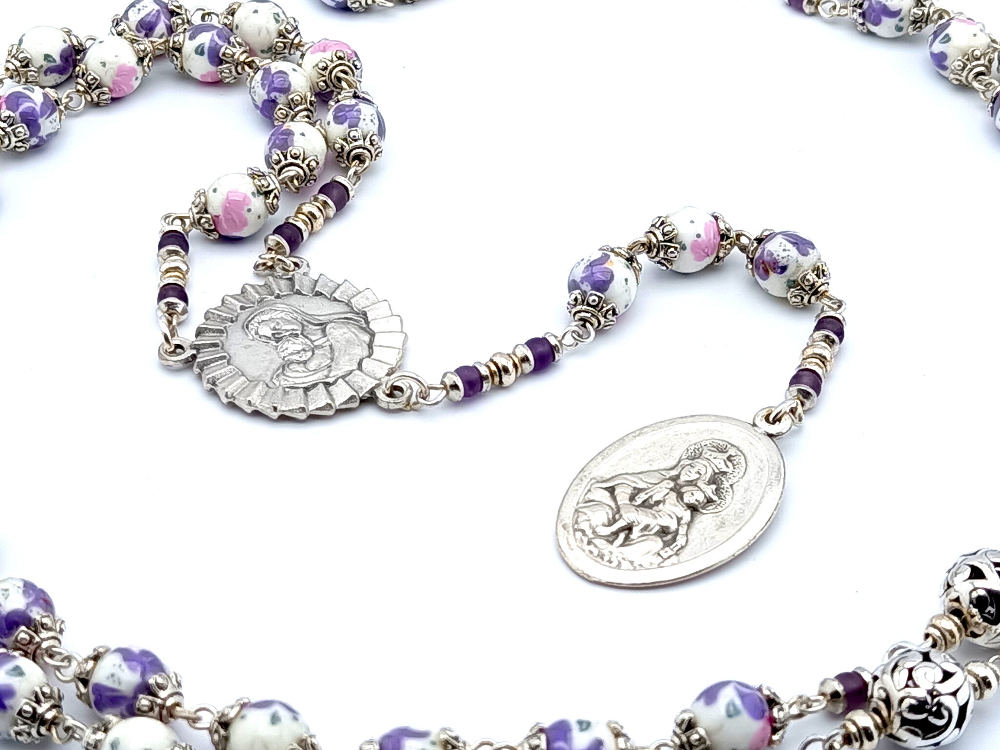 Our Lady of Sorrows unique rosary beads dolor rosary with porcelain and silver beads silver Our Lady medals.