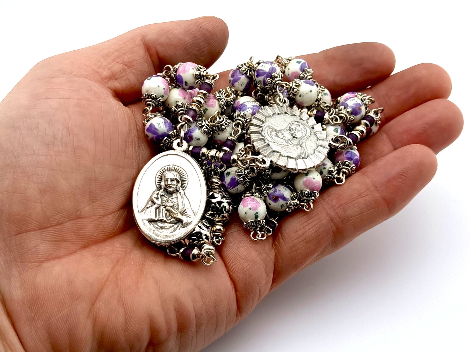Our Lady of Sorrows unique rosary beads dolor rosary with porcelain and silver beads silver Our Lady medals.