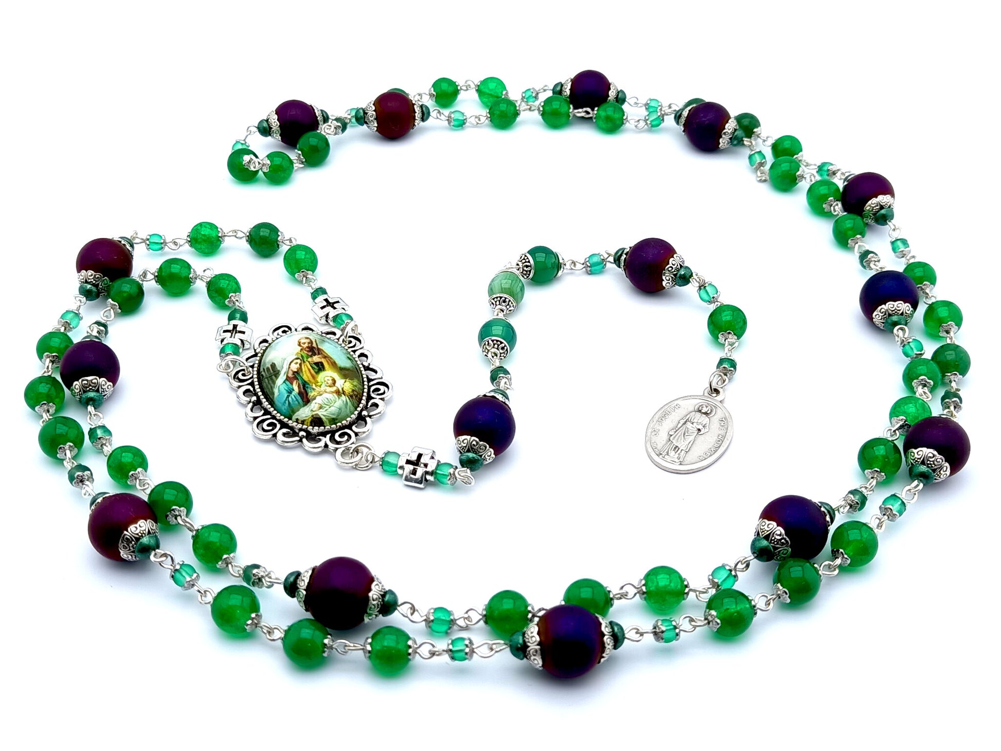 Saint Joseph unique rosary beads prayer chaplet with green agate gemstone and purple glass beads, silver picture centre medal.
